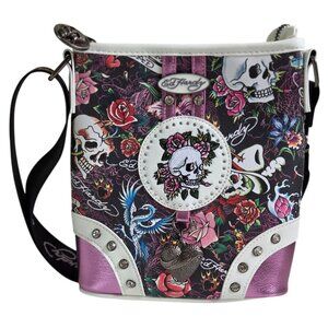 Ed Hardy Crossbody Bag Skull Roses Embroidered Design Rhinestone Adj Strap Y2K